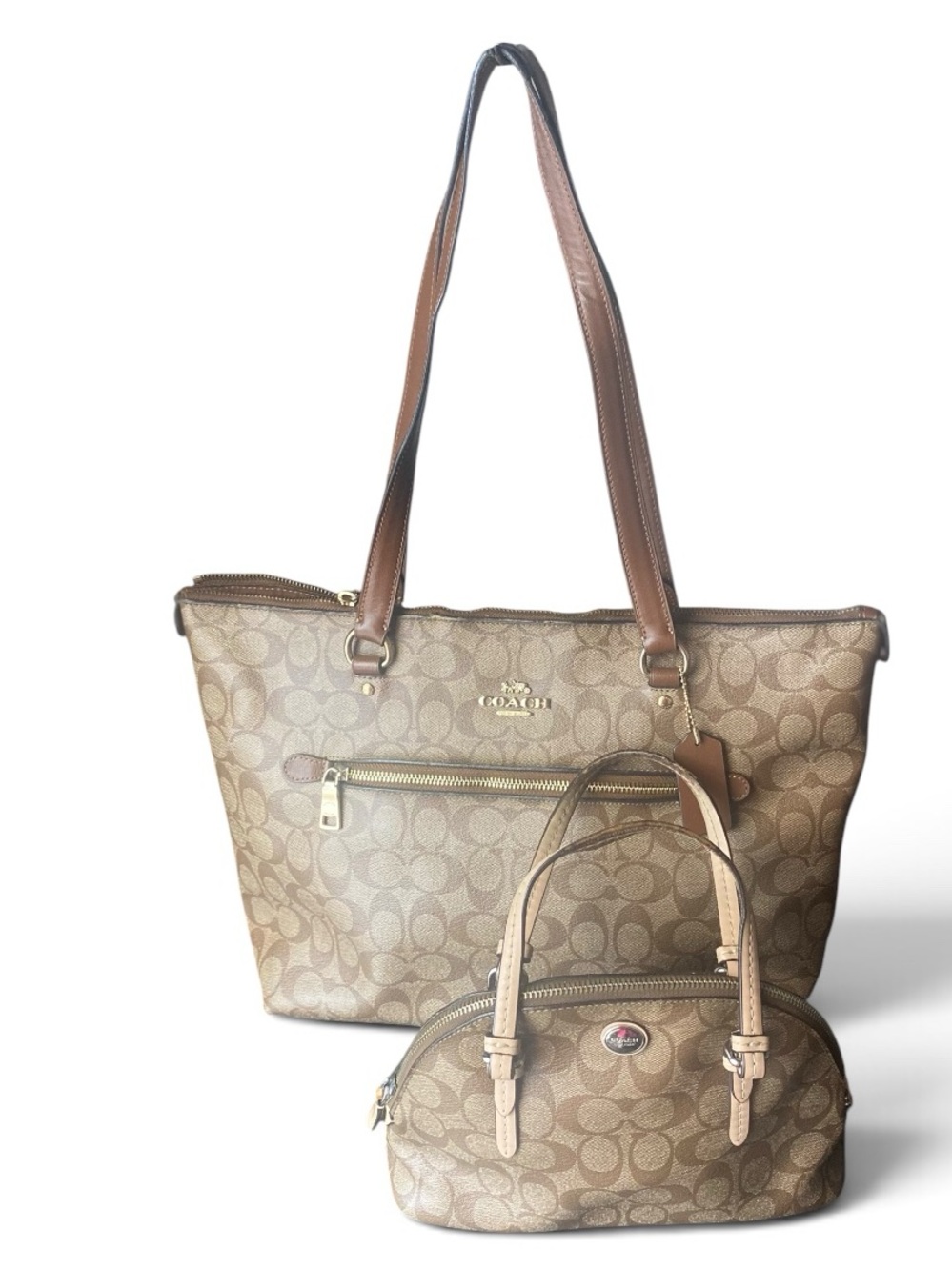 Coach Beige Signature Monogram Tote with Small Satchel Duo